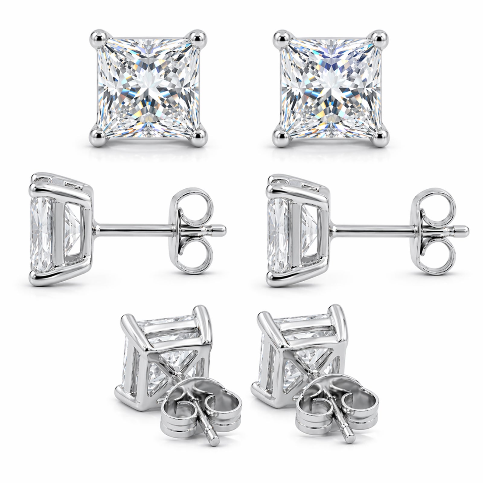 Venturant 3.00-6.00 Carat T.W. Princess-cut Lab Grown Diamond (F/VS+) 14K Gold Stud Earrings with Double Notch Post & Pushback