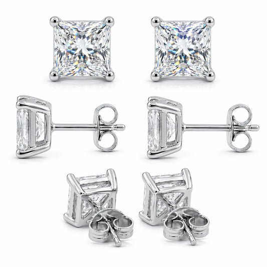 3.00-6.00 Carat T.W. Princess-cut Lab Grown Diamond (F/VS+) 14K Gold Stud Earrings with Double Notch Post & Pushback