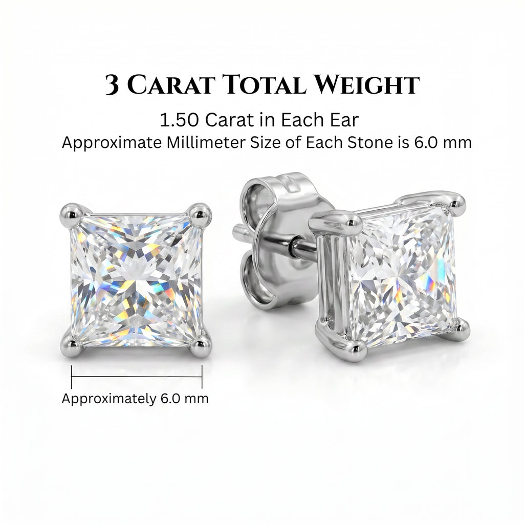 Venturant 3.00-6.00 Carat T.W. Princess-cut Lab Grown Diamond (F/VS+) 14K Gold Stud Earrings with Double Notch Post & Pushback