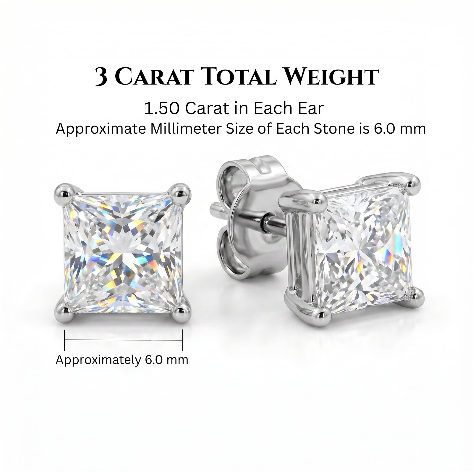 Venturant 3.00-6.00 Carat T.W. Princess-cut Lab Grown Diamond (F/VS+) 14K Gold Stud Earrings with Double Notch Post & Pushback