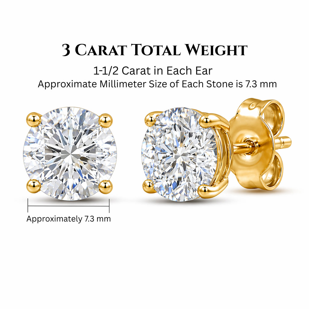 Venturant 3.00-6.00 Carat T.W. Round-cut Lab Grown Diamond (F/VS+) 14K Gold Stud Earrings with Double Notch Post & Pushback