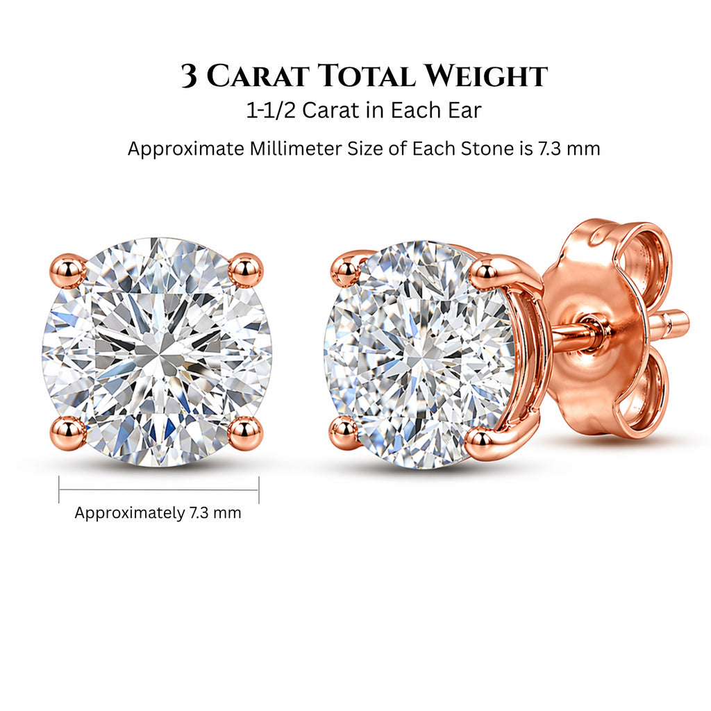Venturant 3.00-6.00 Carat T.W. Round-cut Lab Grown Diamond (F/VS+) 14K Gold Stud Earrings with Double Notch Post & Pushback