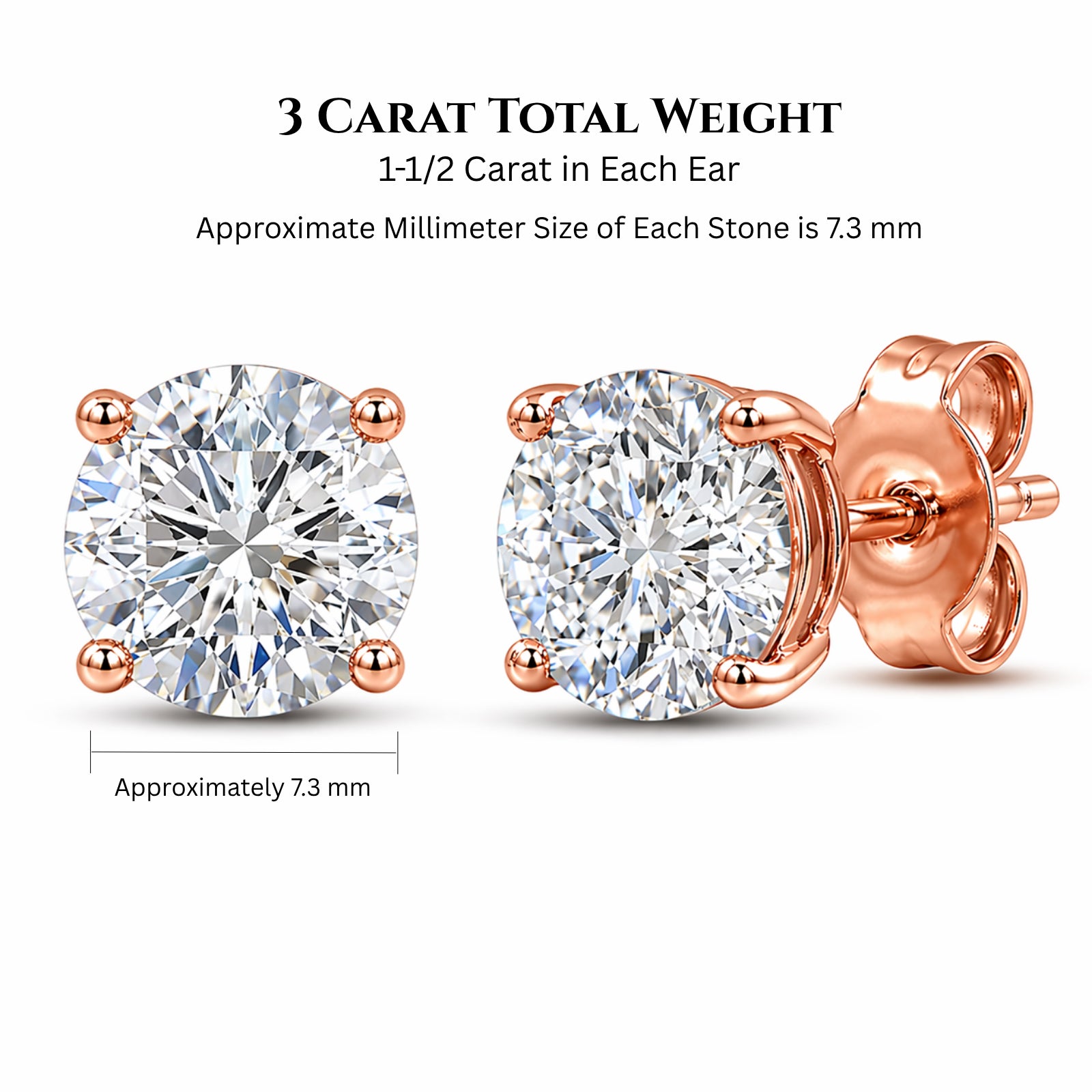 Venturant 3.00-6.00 Carat T.W. Round-cut Lab Grown Diamond (F/VS+) 14K Gold Stud Earrings with Double Notch Post & Pushback