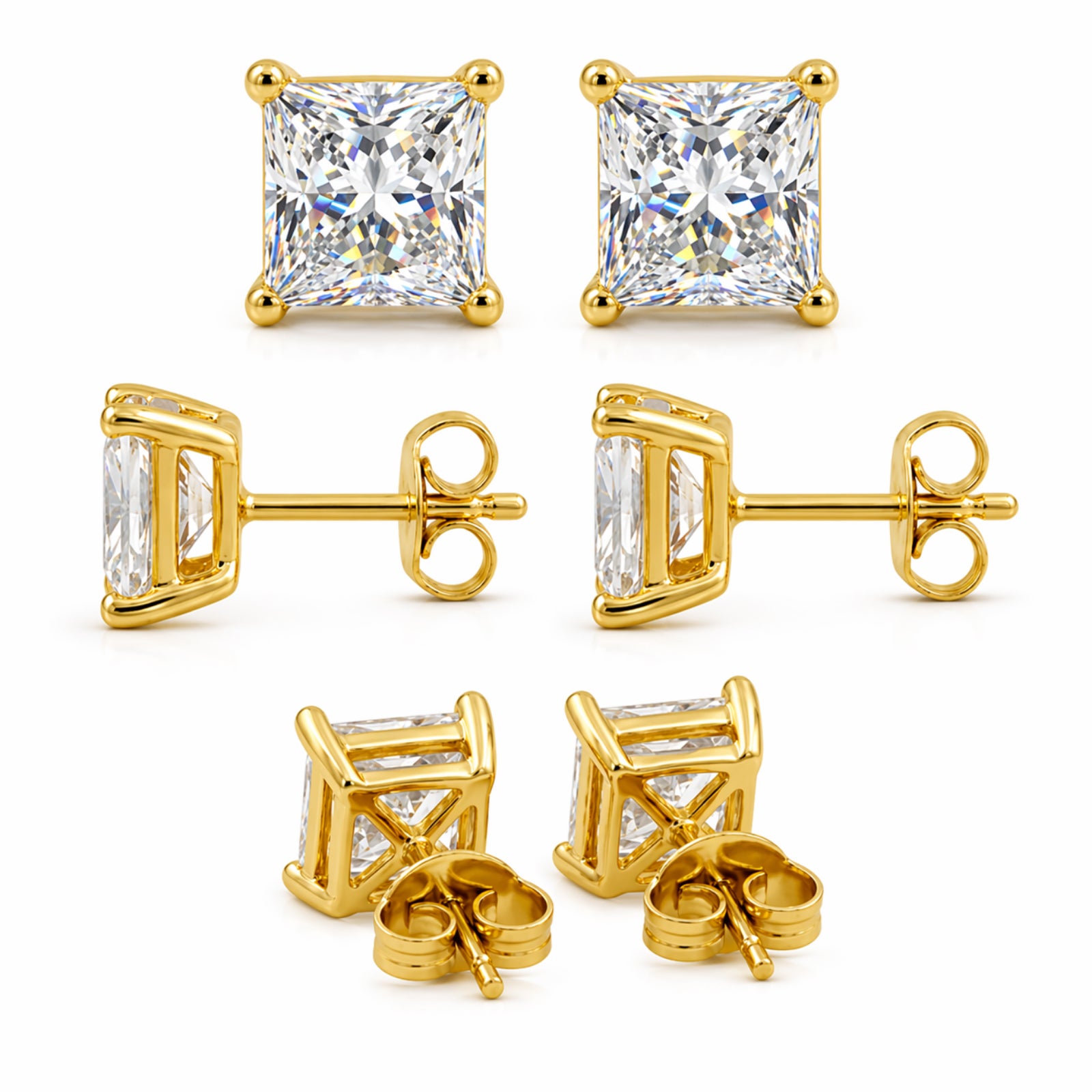 Venturant 3.00-6.00 Carat T.W. Princess-cut Lab Grown Diamond (F/VS+) 14K Gold Stud Earrings with Double Notch Post & Pushback