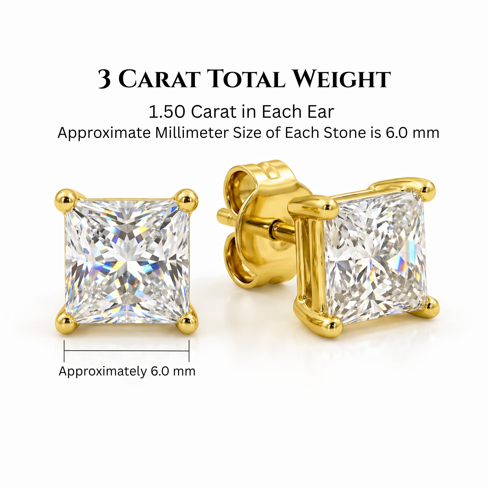 Venturant 3.00-6.00 Carat T.W. Princess-cut Lab Grown Diamond (F/VS+) 14K Gold Stud Earrings with Double Notch Post & Pushback