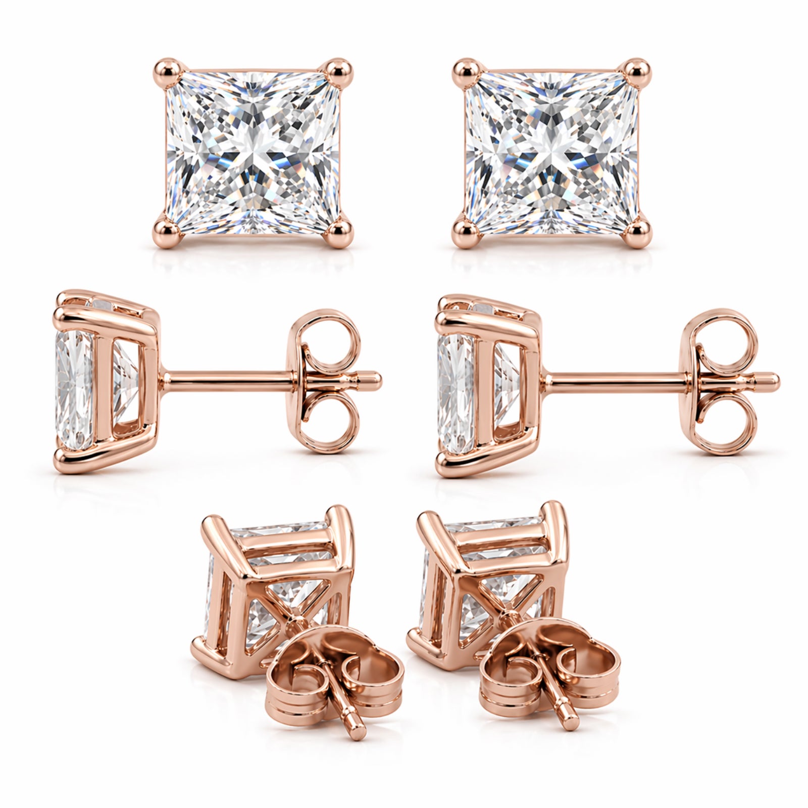 Venturant 3.00-6.00 Carat T.W. Princess-cut Lab Grown Diamond (F/VS+) 14K Gold Stud Earrings with Double Notch Post & Pushback