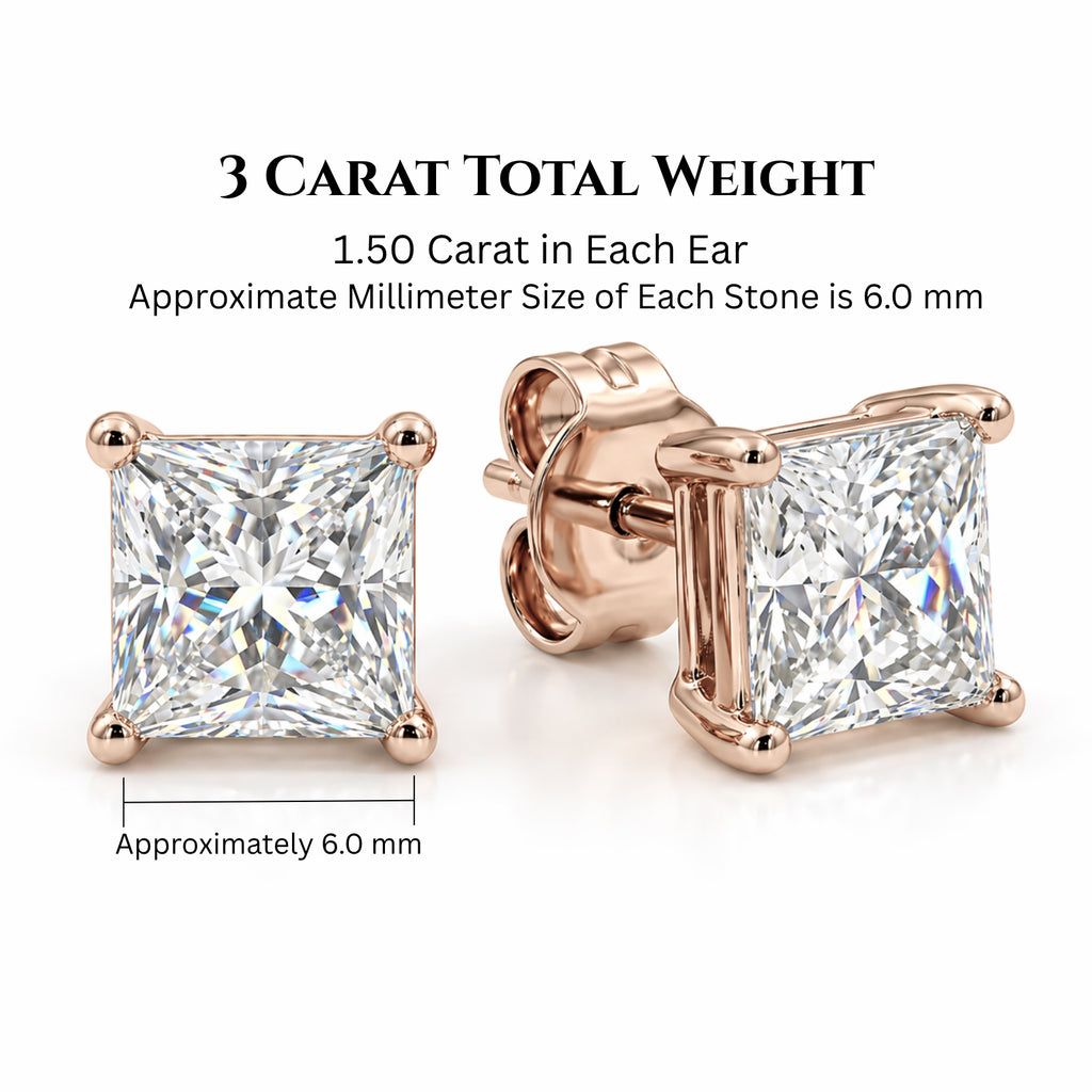 Venturant 3.00-6.00 Carat T.W. Princess-cut Lab Grown Diamond (F/VS+) 14K Gold Stud Earrings with Double Notch Post & Pushback