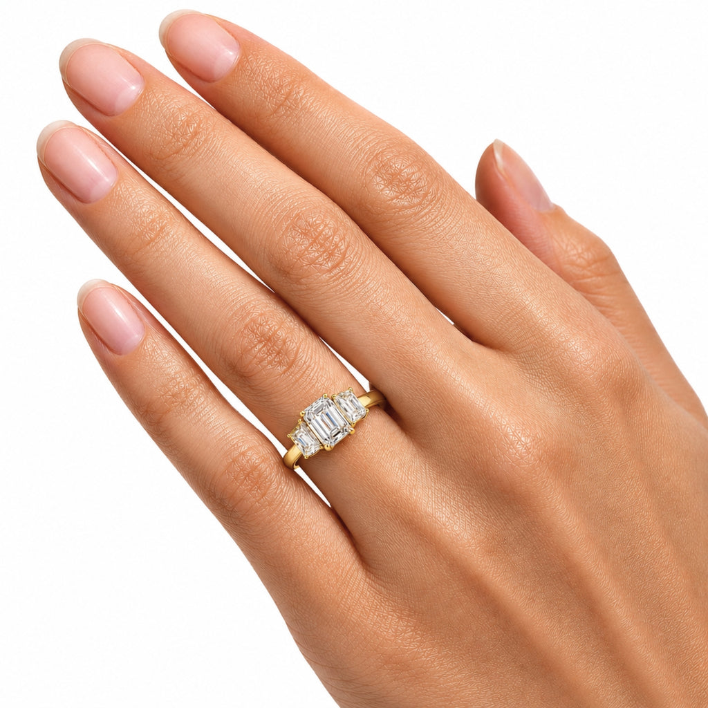 Venturant 3.00 Carat T.W. Emerald and Trapezoid-cut Lab Grown Diamond (F/VS+) 14K Gold 3 Stone Band Ring
