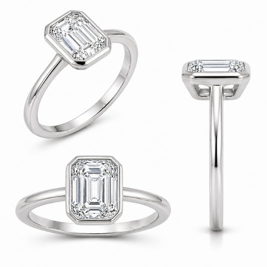 1.00-6.00 Carat T.W. Emerald-cut Lab Grown Diamond (F/VS+) 14K Gold Bezel Set Ring