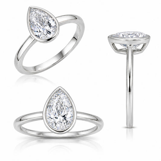 1.00-6.00 Carat T.W. Pear-cut Lab Grown Diamond (F/VS+) 14K Gold Bezel Set Ring